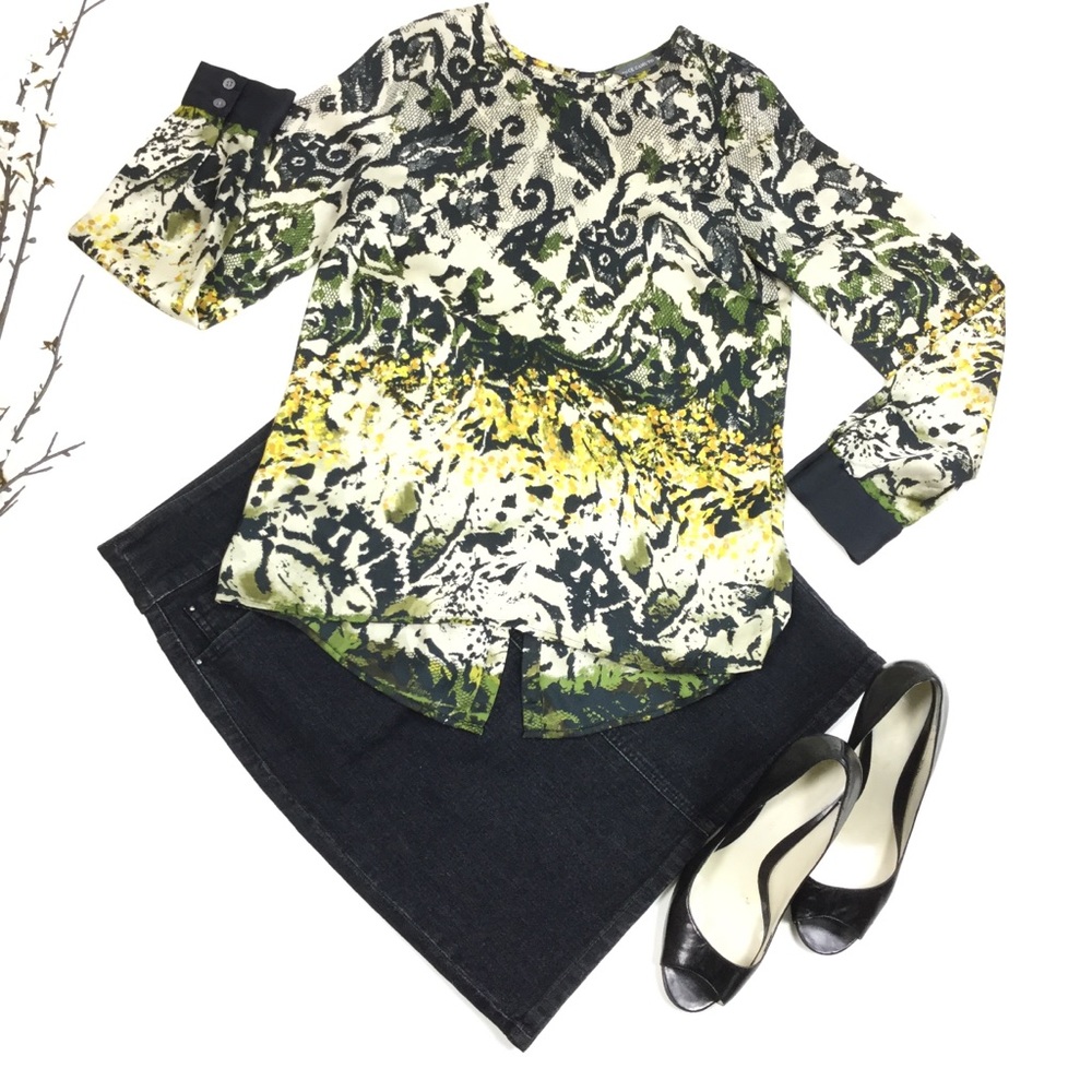 Vince Camuto Black Yellow White Green Geo Top